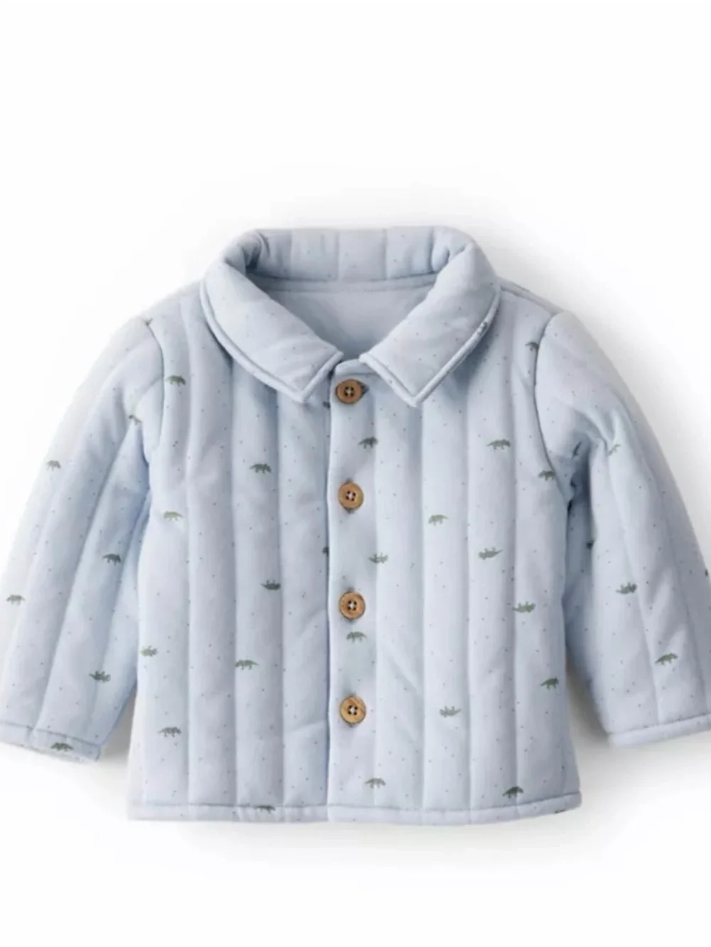Carter's Light Blue Quilted Button Front Jacket with Tiny Green Dino Print